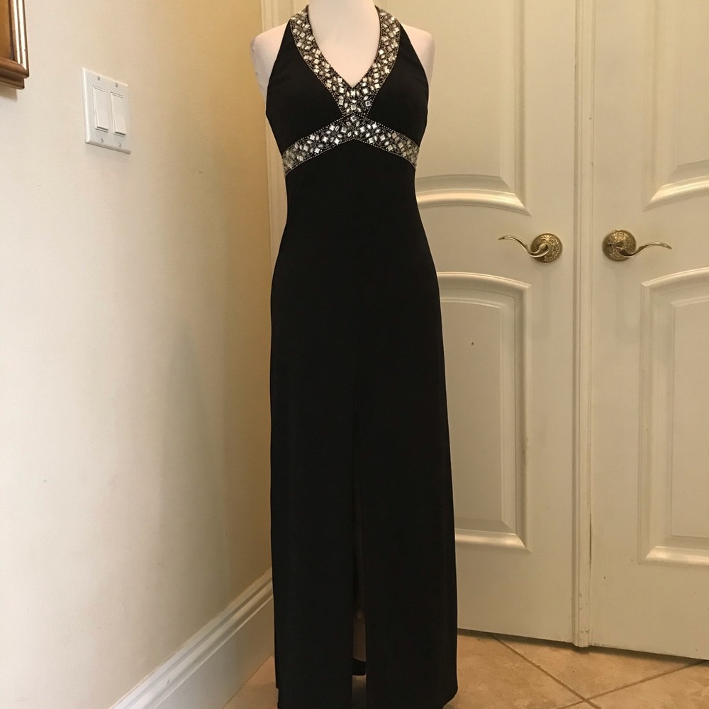 Vintage De Laru formal black embellished halter gown